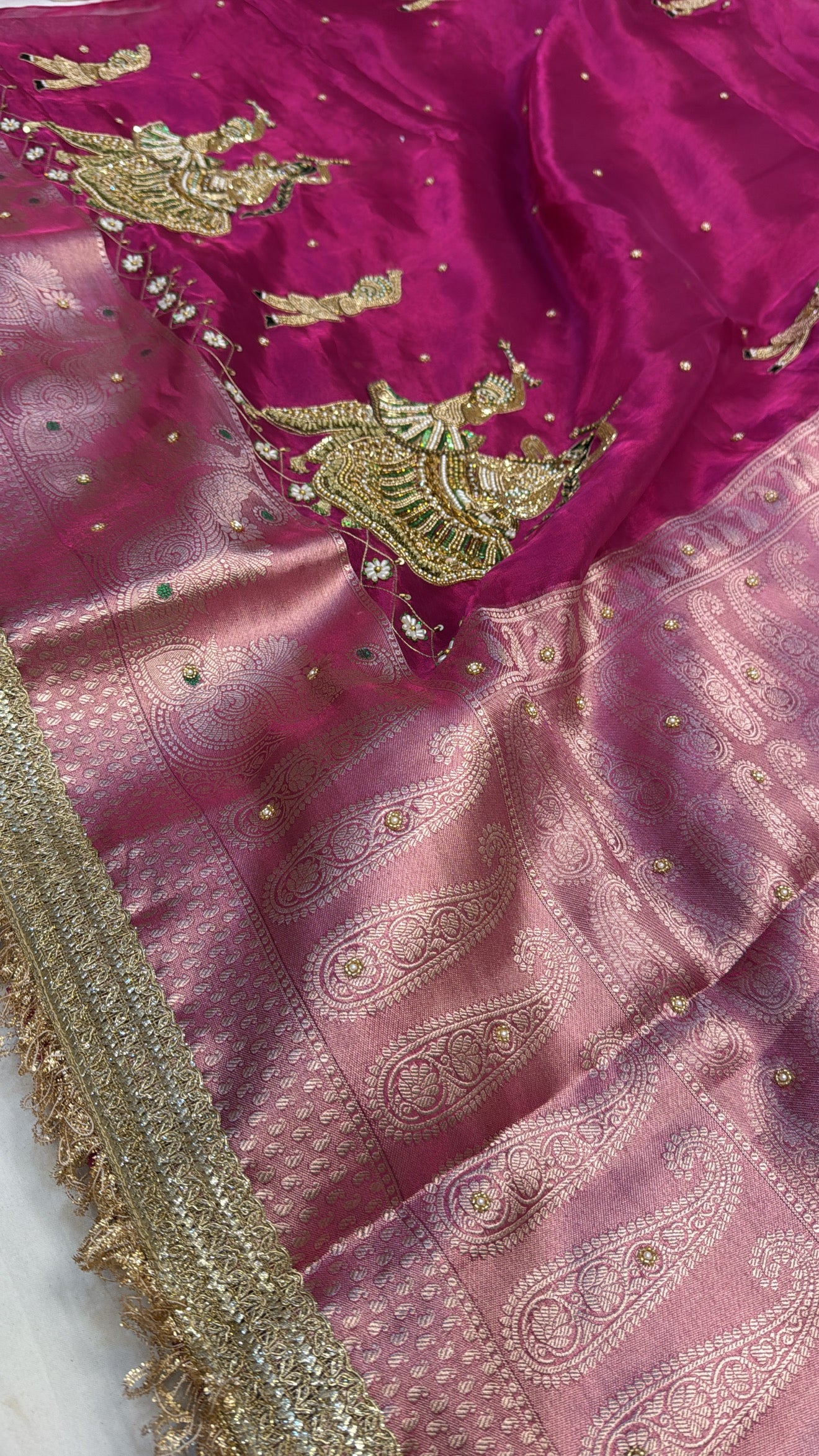 Hot pink husn tissue silk hand embroidered kadhwa saree